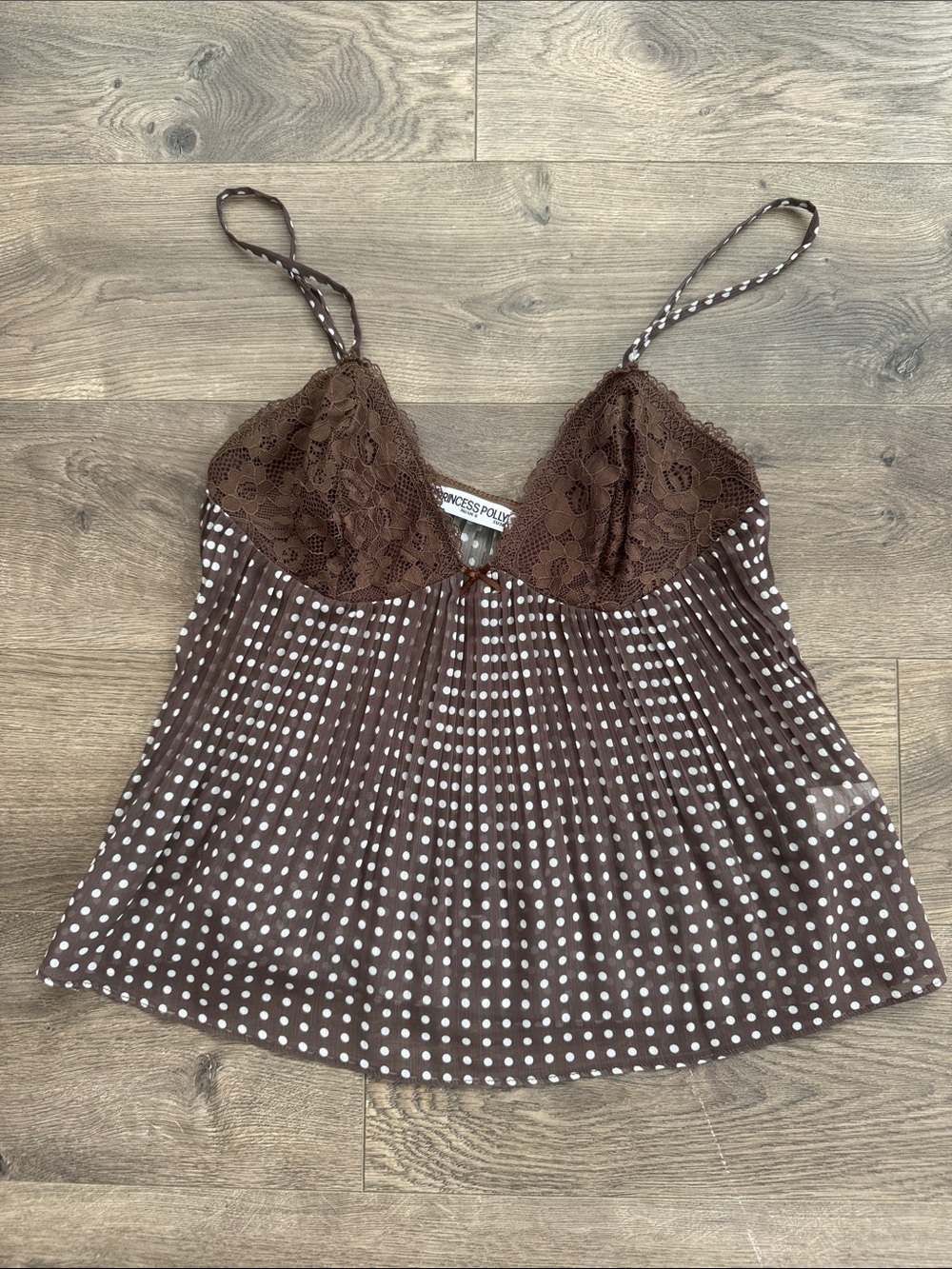 Princess Polly Brown & White Polka Dot Lace-Trim Cami